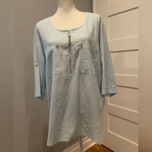 Anne Klein Linen Viscose Roll Tab Quarter Zip Tassle long Sleeve Blouse Size XL